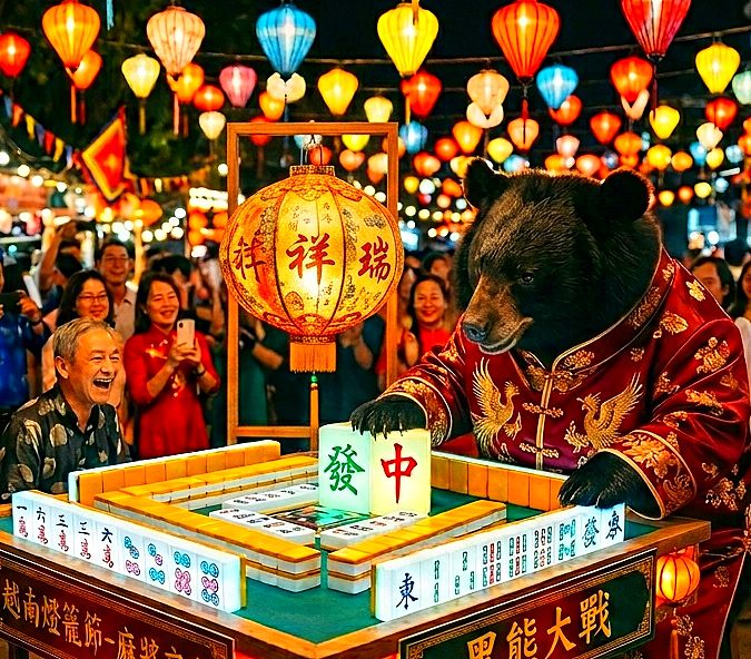 台灣黑熊,台灣熊愛打麻將,台灣黑熊打麻將,熊掌摸牌,越式洗牌法,越南熊界傳奇,胡志明市熊出沒,越南發財大燈籠